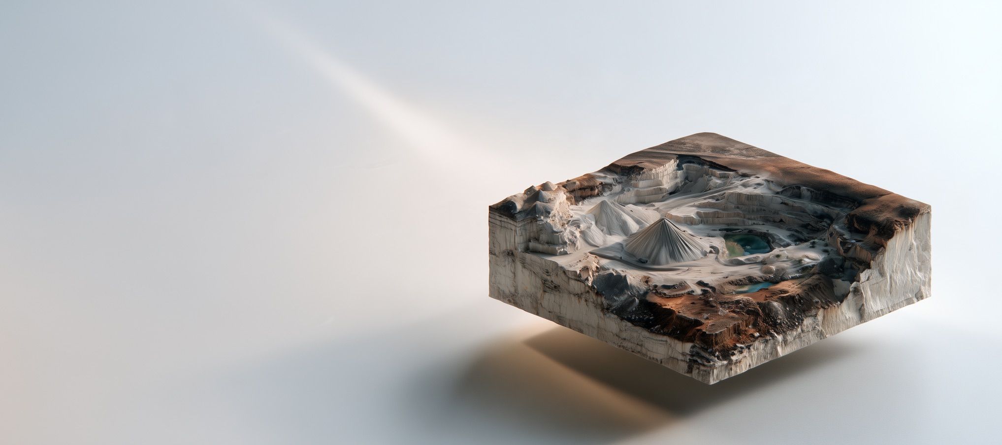 Un bloc de terrain découpé dans une carrière, suspendu dans la lumière : gradins d'extraction, stocks coniques de granulats et bassins en surface, les couches du sous-sol sur ses tranches.