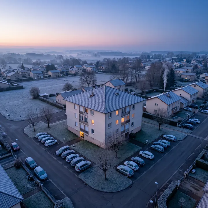 Un petit immeuble de logements vu de drone au petit jour, un matin d'hiver : du givre sur les pelouses, les toits et les voitures, des fenêtres allumées, une fumée de cheminée qui monte droit, et aucun soleil sur les façades.