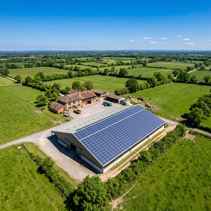 Un hangar agricole dont toute la toiture est couverte de panneaux photovoltaïques, vu de drone en plein midi, sous un ciel presque sans nuages.