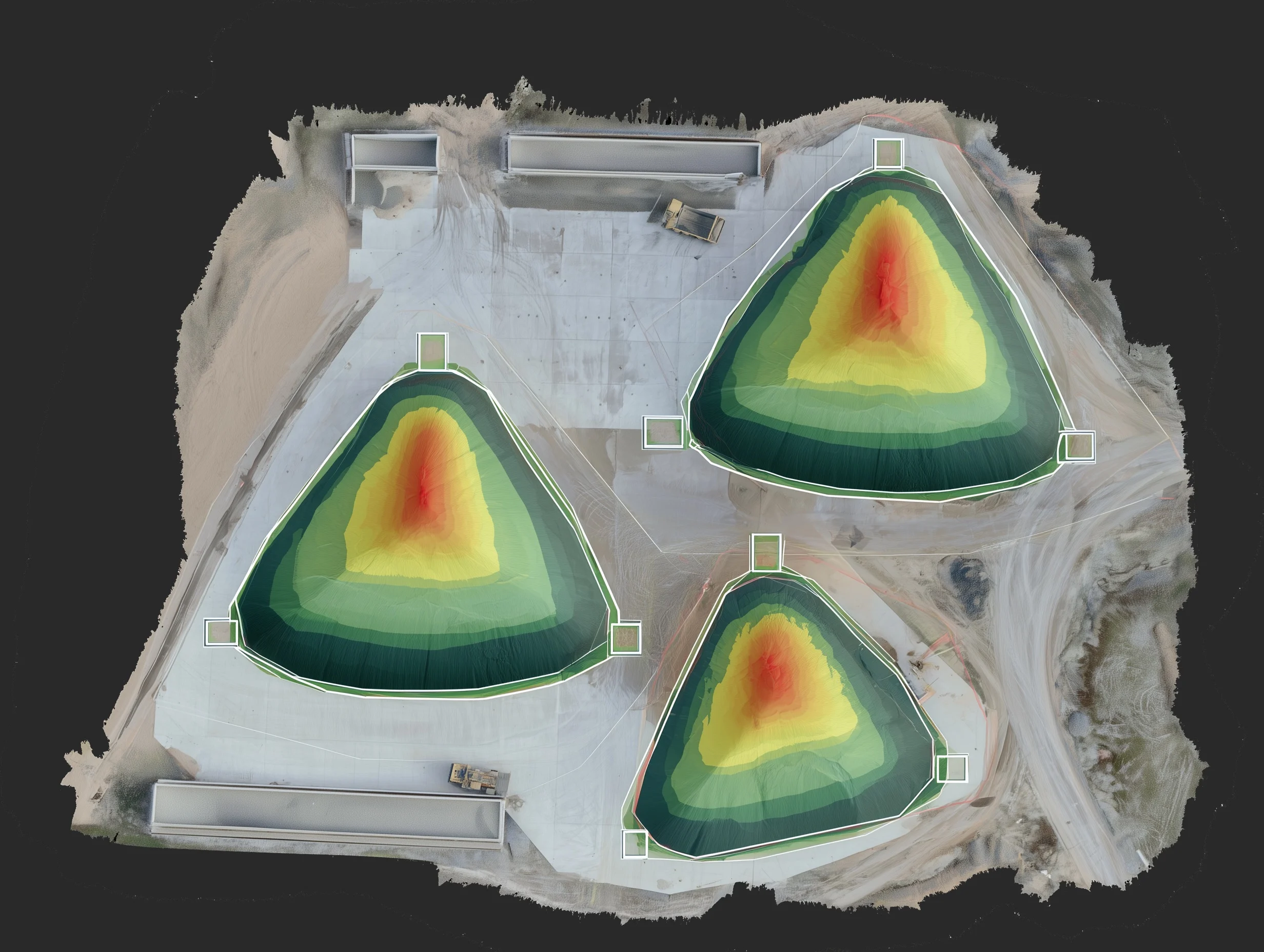 Calcul de cubature sur une plateforme de stockage vue du dessus : trois tas de granulats colorés selon leur hauteur, chacun cerné de son emprise.
