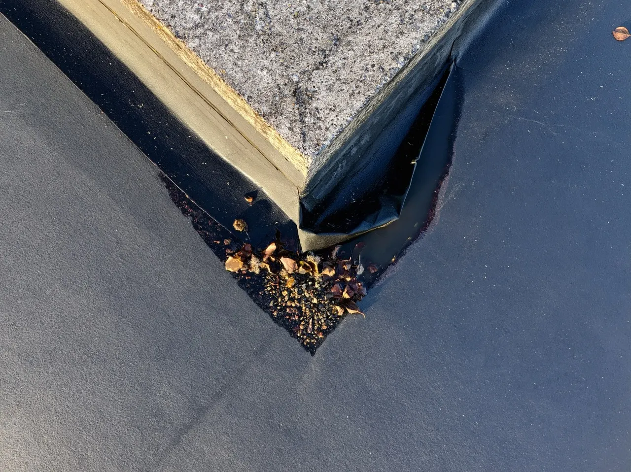 Gros plan aérien du pied d'un relevé d'étanchéité contre un acrotère de toiture-terrasse, la membrane décollée et plissée à l'angle.