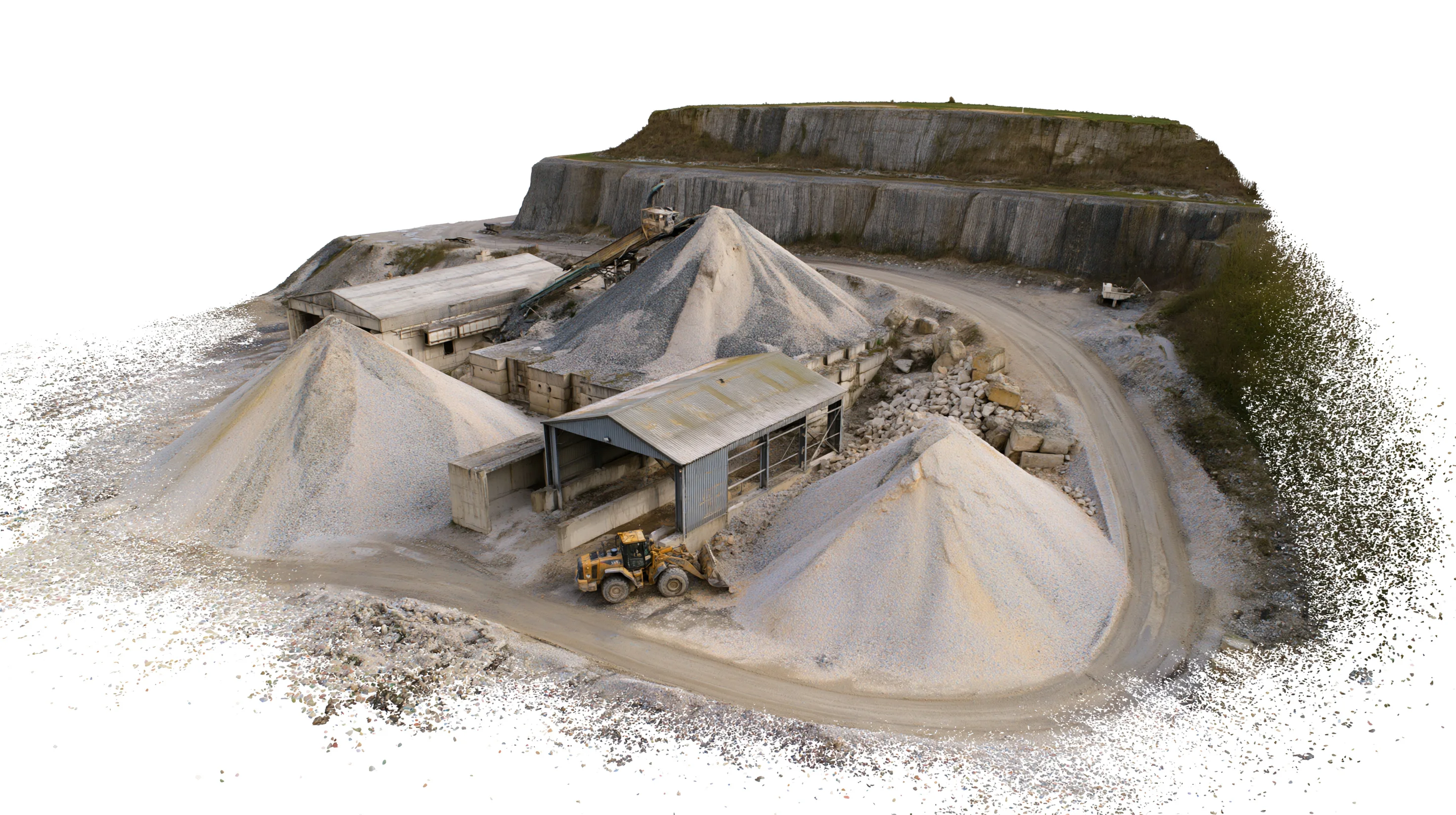 Nuage de points d'une plateforme de stockage de carrière vue en perspective — trois tas de granulats, un hangar, une chargeuse, une piste et un front de taille à deux gradins —, sur lequel se dessinent tour à tour un point coté, une hauteur, une surface, un volume, une coupe et l'écart entre deux dates.