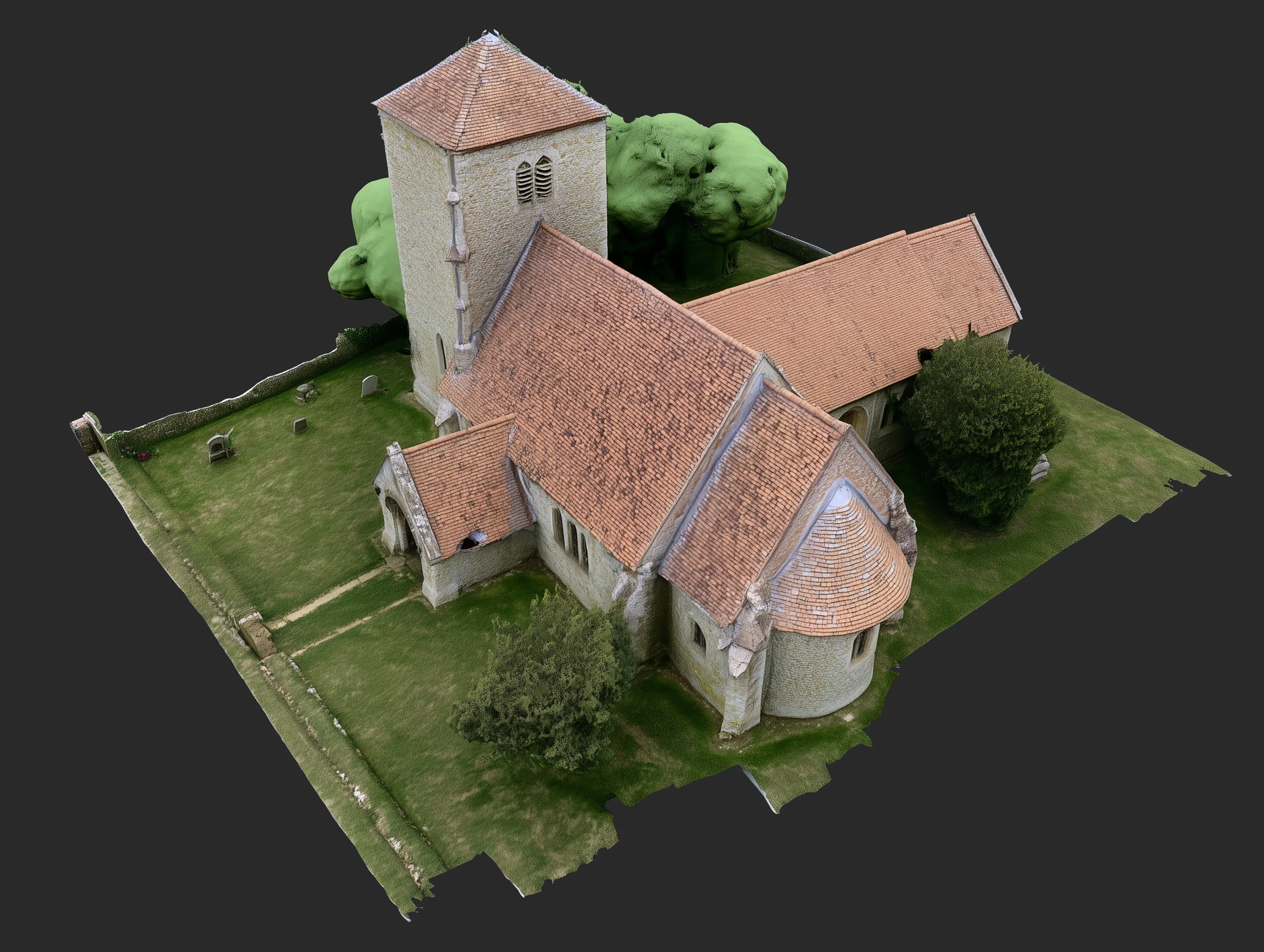 Modèle 3D texturé d'une église de village, surface continue habillée des photographies, vue en perspective.