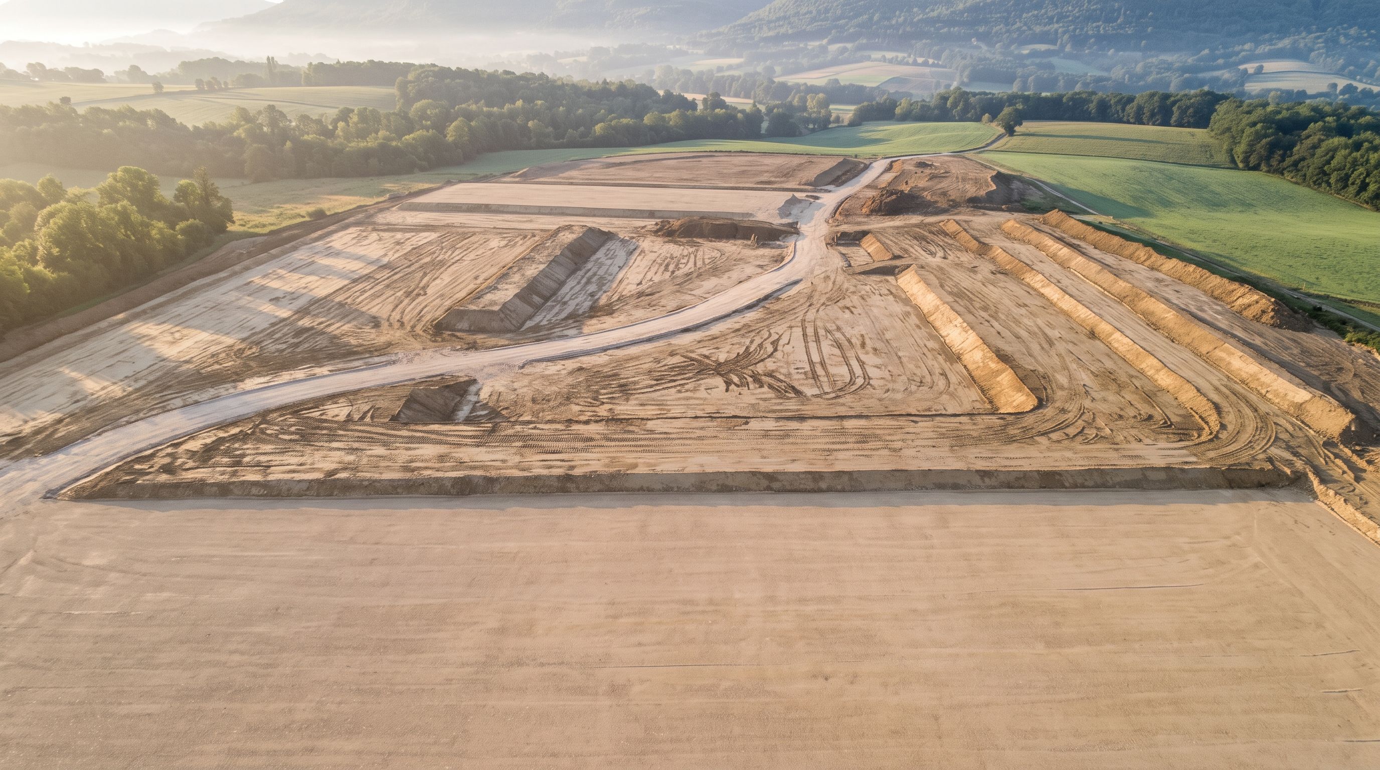 Vue aérienne, au lever du jour, d'un vaste plateau de terrassement : plateformes nivelées, traces d'engins et piste claire, devant des collines boisées dans la brume.