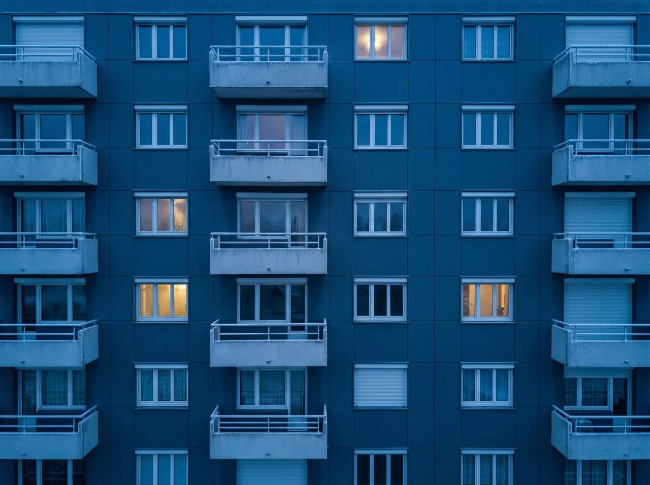 Façade d'un immeuble de logements à la nuit tombée, quelques fenêtres éclairées.