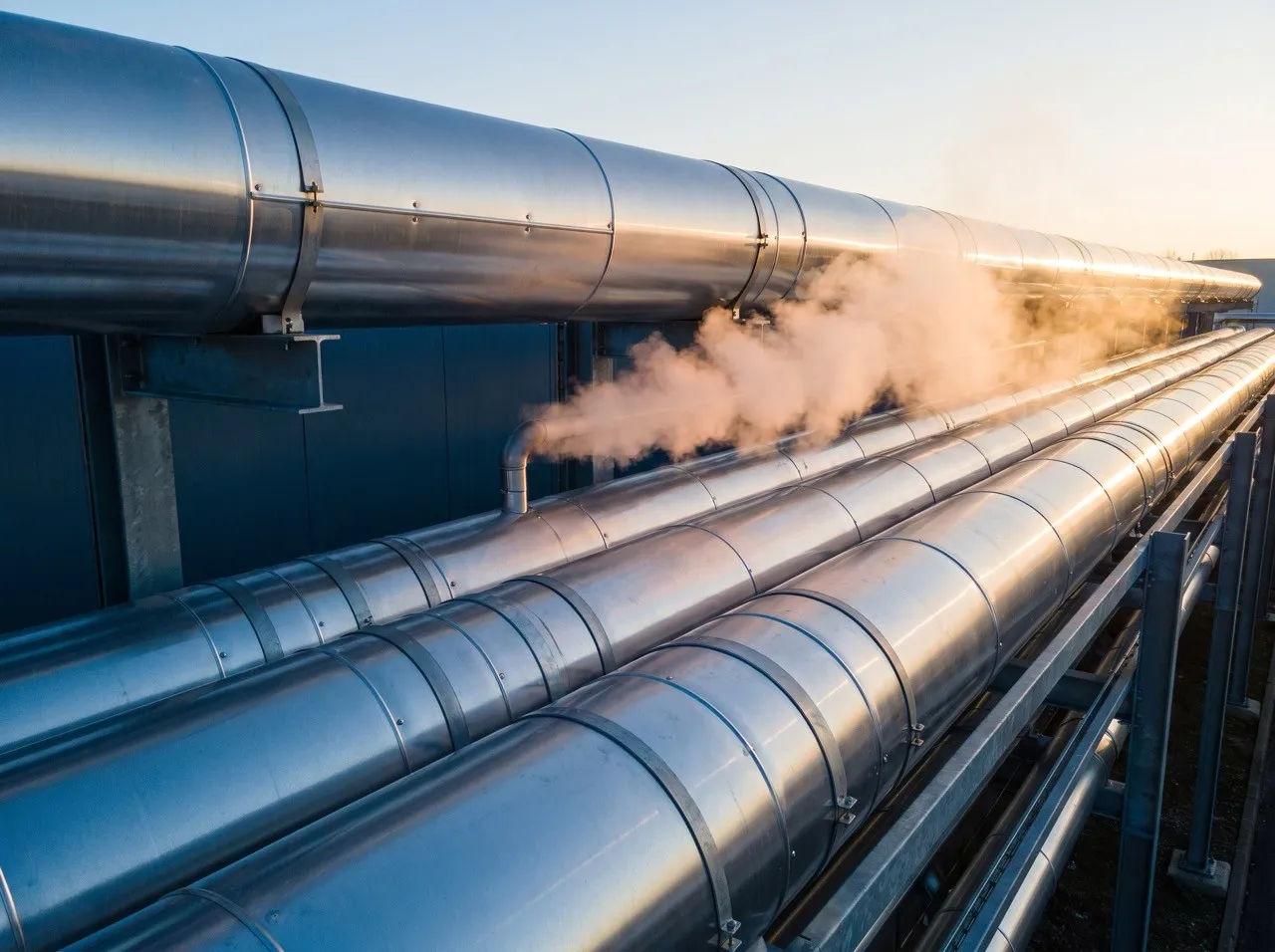 Tuyauteries calorifugées d'un site industriel, un panache de vapeur au soleil.