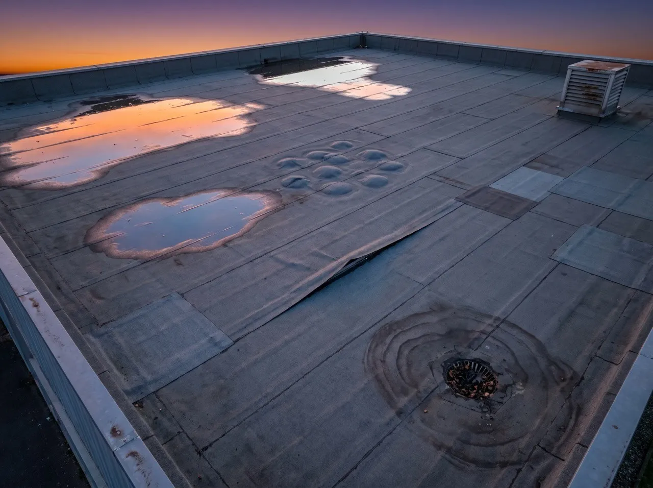 Toiture-terrasse au soleil couchant, des flaques d'eau sur la membrane.