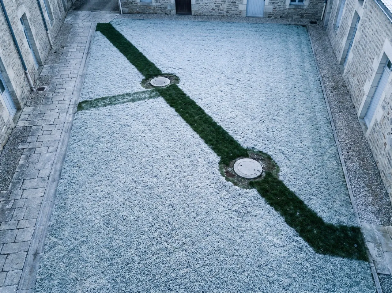 Cour givrée où une bande d'herbe dégelée trace le parcours d'un réseau enterré.