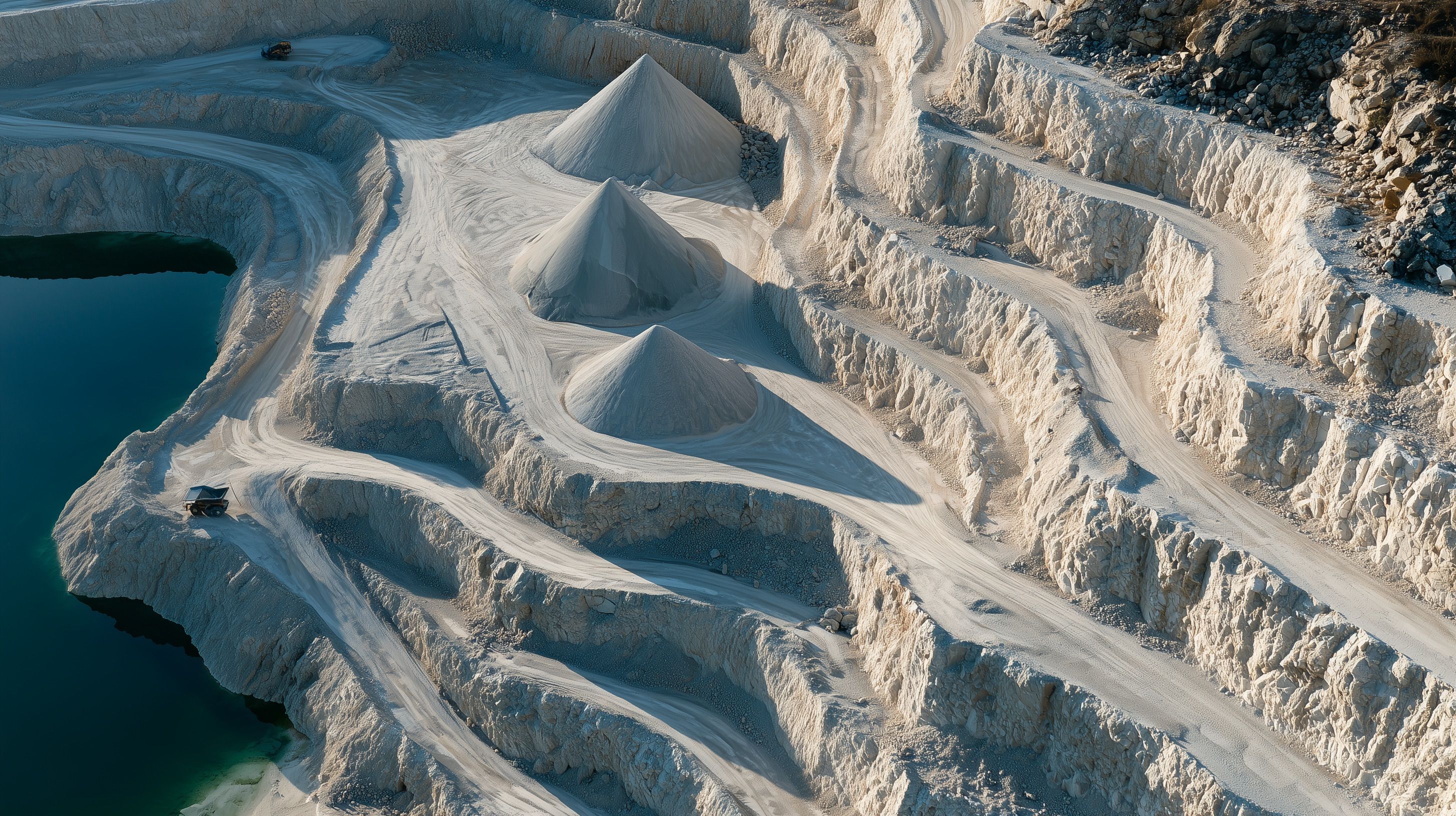 Carrière de calcaire vue du ciel : gradins d'extraction étagés en terrasses, stocks coniques de granulats, pistes de roulage et bassin de décantation.