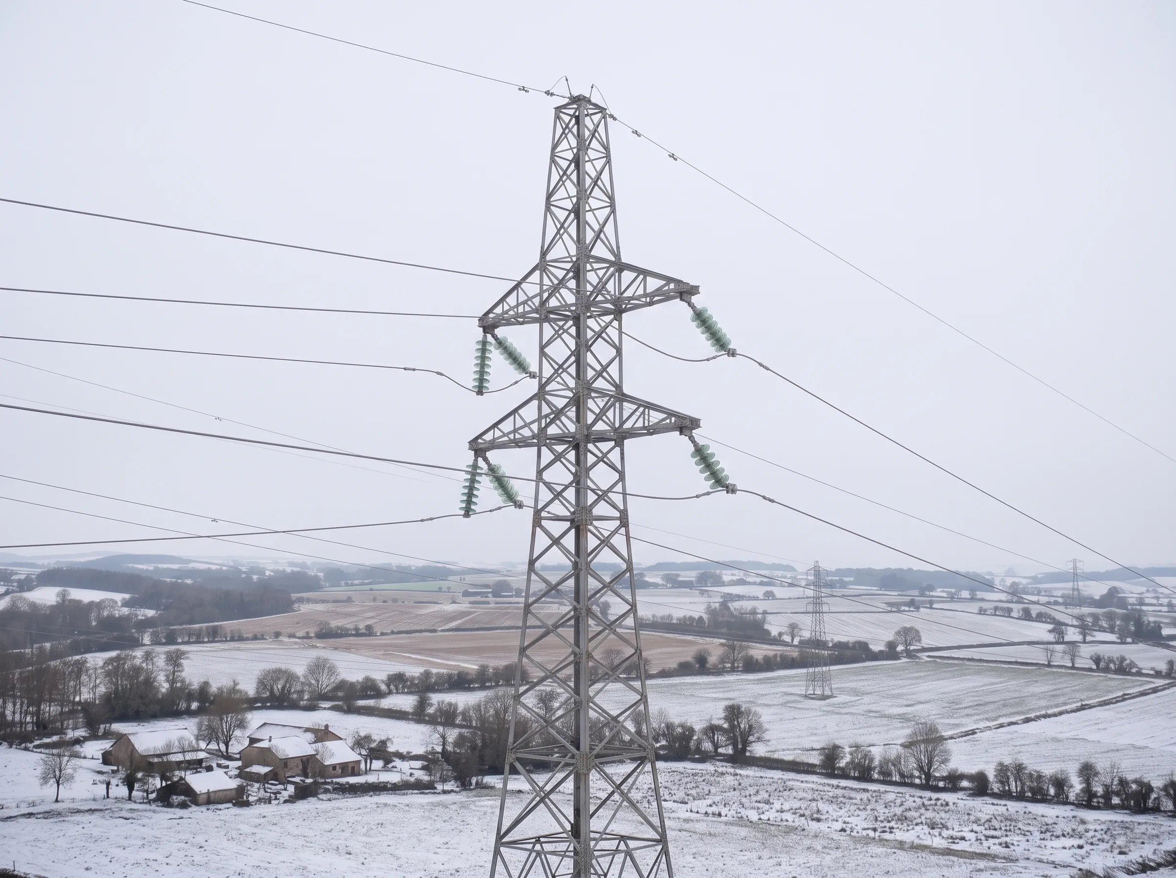 Le haut du pylône et ses lignes, au-dessus des champs enneigés.