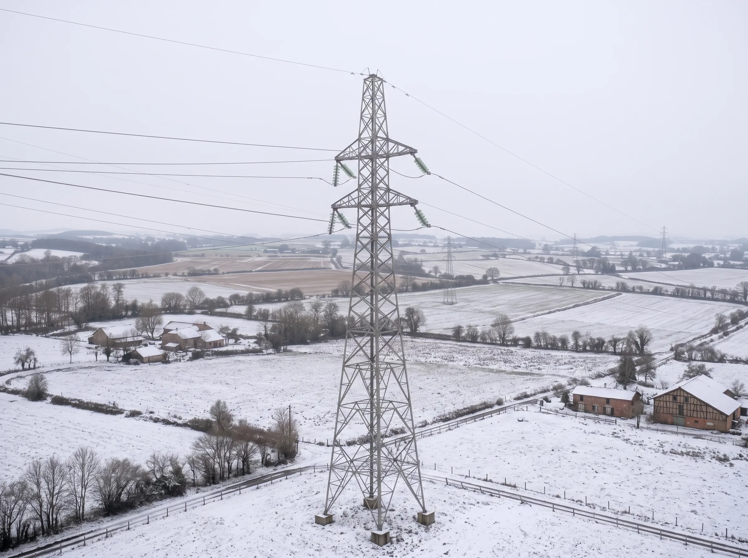Un pylône électrique à treillis au milieu de la campagne enneigée de la Bresse, entre une ferme, des haies et des champs, vu depuis le drone.